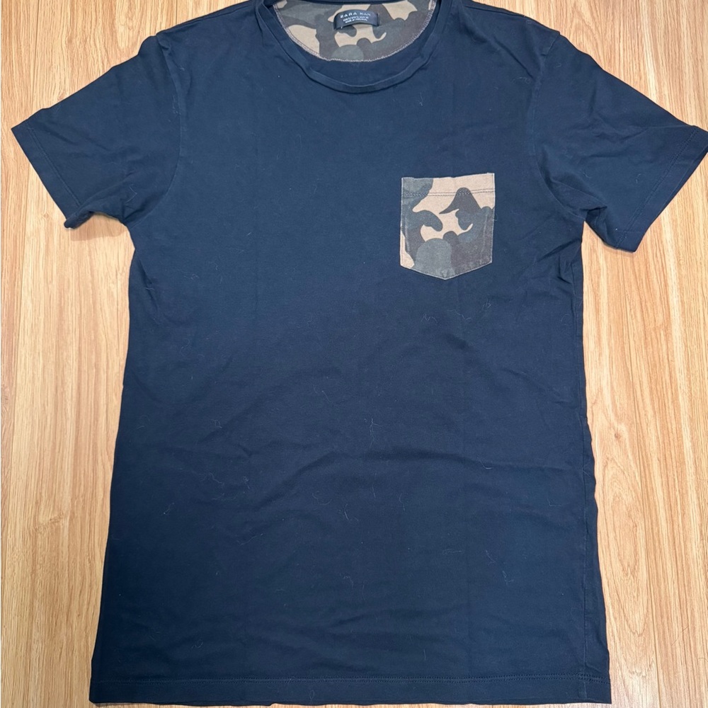 Zara Navy Tee with Camo Accent Pocket
